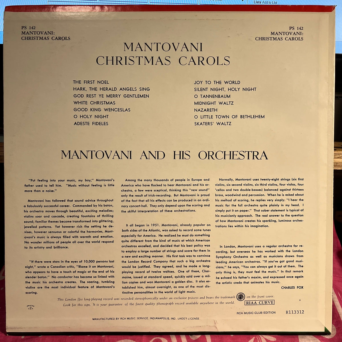 Mantovani And His Orchestra - Christmas Carols *CLUB* | Near Mint (NM) Very Good Plus (VG+)-Music History