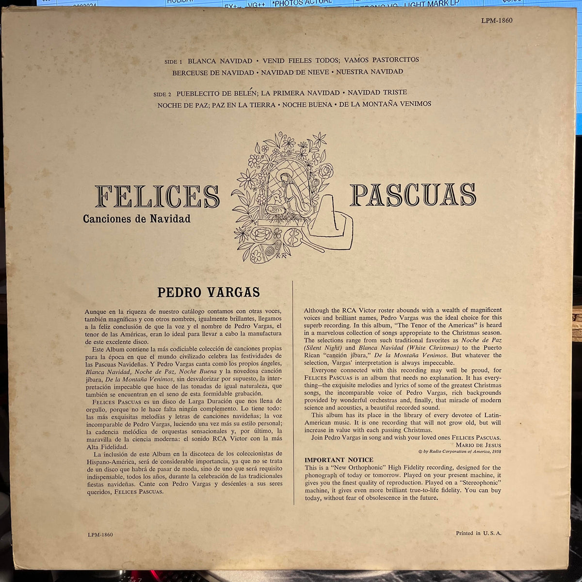 Pedro Vargas - Felices Pascuas - Canciones De Navidad por Pedro Vargas | Very Good (VG) Excellent (EX)-Music History