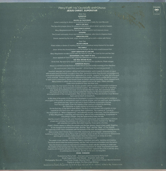 Percy Faith And His Orchestra And Chorus - Jesus Christ, Superstar | Mint (M) Near Mint (NM)-Music History