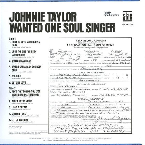 Johnnie Taylor Wanted One Soul Singer Stax, Stax LP, Album, Mono, Club, RE, RM Mint (M) Mint (M)-Music History