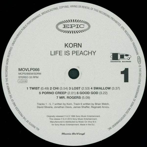 Korn - Life Is Peachy (180G VINYL LP) | Near Mint (NM or M-) Near Mint (NM)-Music History