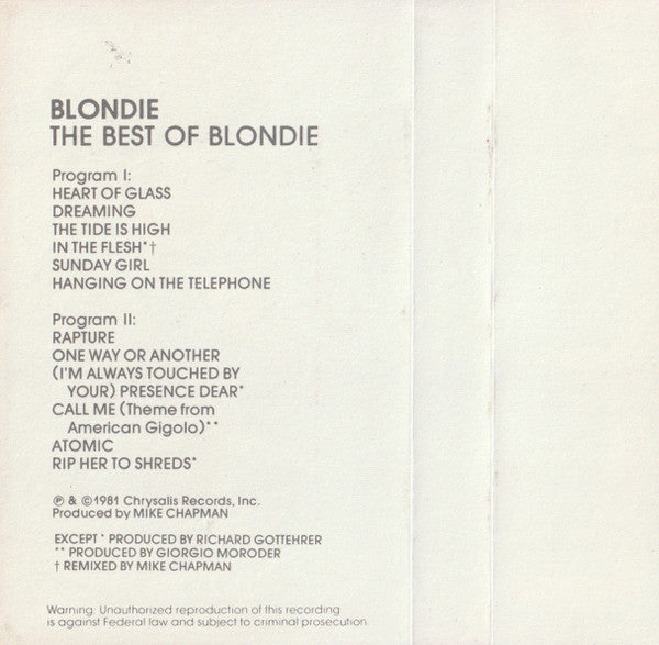 Blondie - The Best Of Blondie *CASSETTE* | Near Mint (NM) Near Mint (NM)-Music History