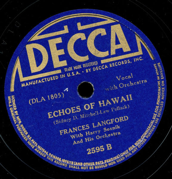 Frances Langford - The Man With The Mandolin / Echoes Of Hawaii (78RPM 10" RECORD) | Near Mint (NM) Very Good Plus (VG+)-Music History