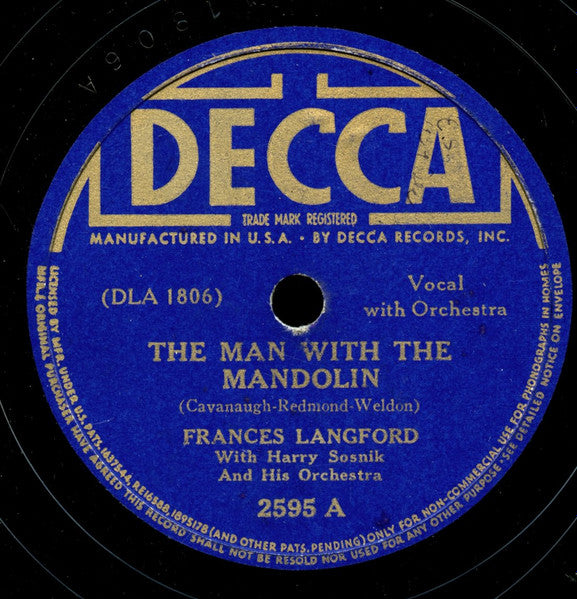Frances Langford - The Man With The Mandolin / Echoes Of Hawaii (78RPM 10" RECORD) | Near Mint (NM) Very Good Plus (VG+)-Music History