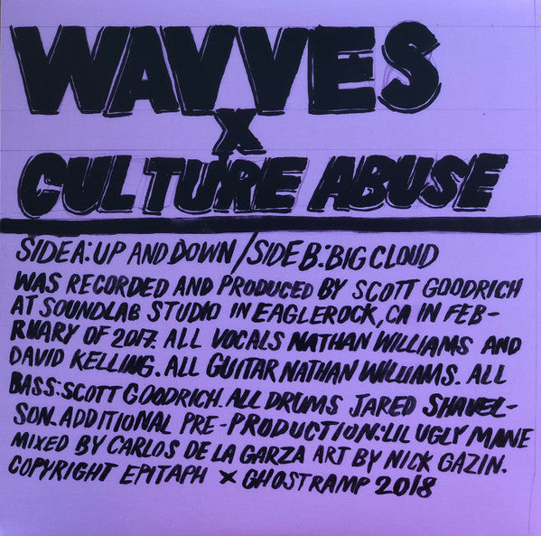 Wavves X Culture Abuse - Up And Down / Big Cloud - Split (PINK VINYL 7") | Mint (M) Mint (M)-Music History