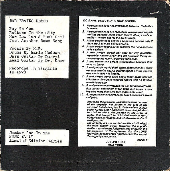 Bad Brains - Cum To Play (7" VINYL) | Near Mint (NM) Near Mint (NM)-Music History