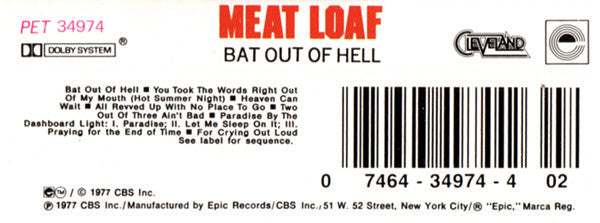 Meat Loaf - Bat Out Of Hell (CASSETTE) | Near Mint (NM) Near Mint (NM)-Music History