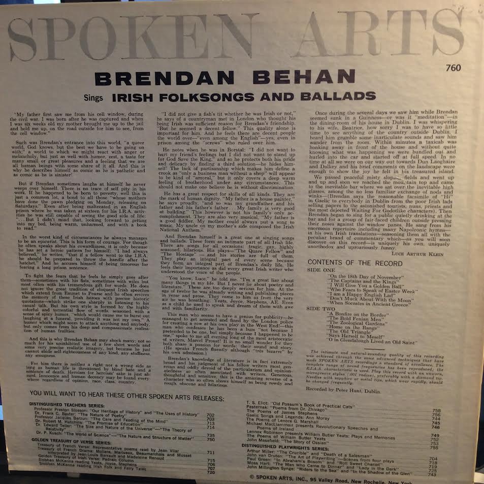 Brendan Behan - Irish Folksongs And Ballads (VINYL) | Near Mint- (NM-) Near Mint (NM)-Music History