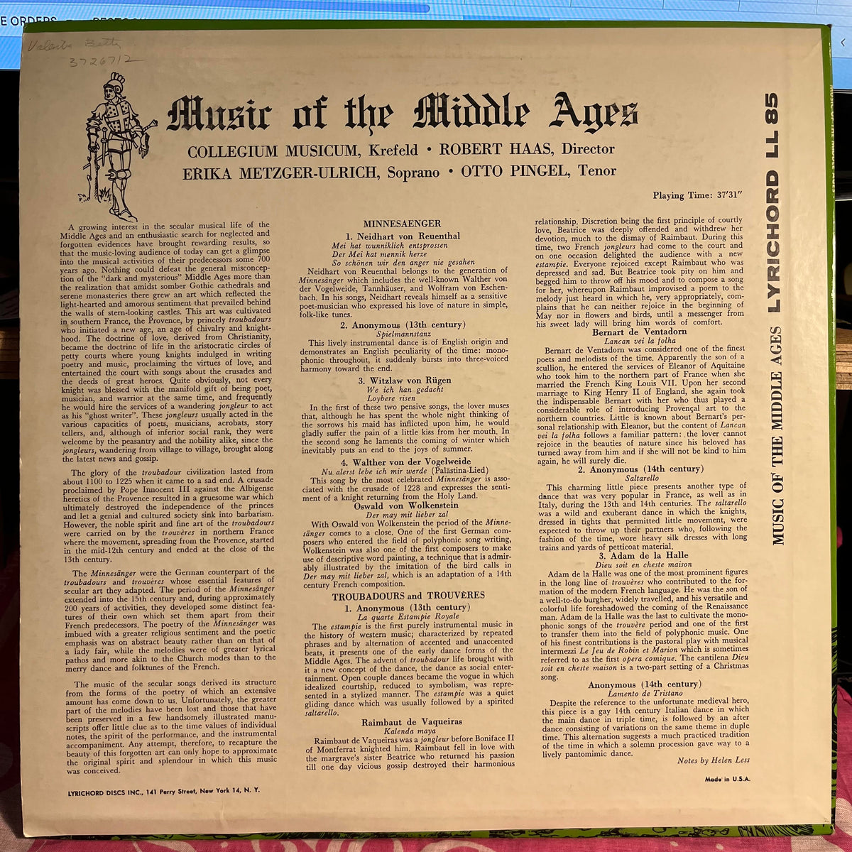 Collegium Musicum, Krefeld - Music Of The Middle Ages | Excellent (EX) Near Mint (NM)--Music History